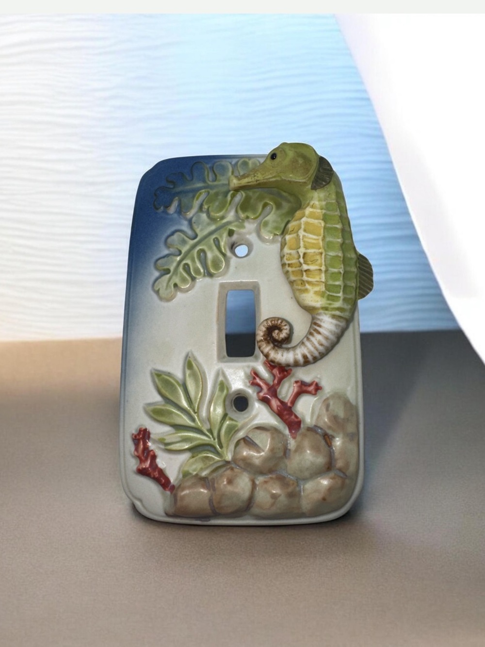 Seahorse Ceramic Takahashi Switch Plate - Coastal Green Accent Hand Painted